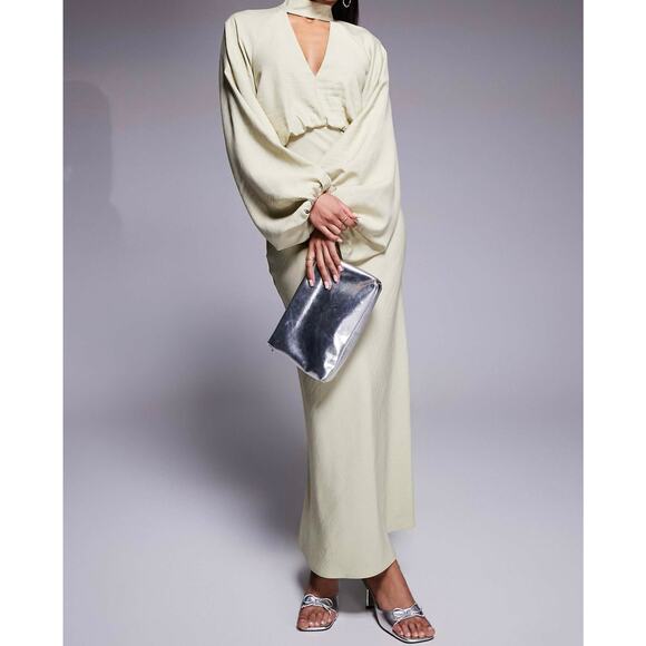 NWOT Asos Designs Size 12 High Neck Plunge Maxi Dress Blouson Sleeves Soft Green - Picture 1 of 13